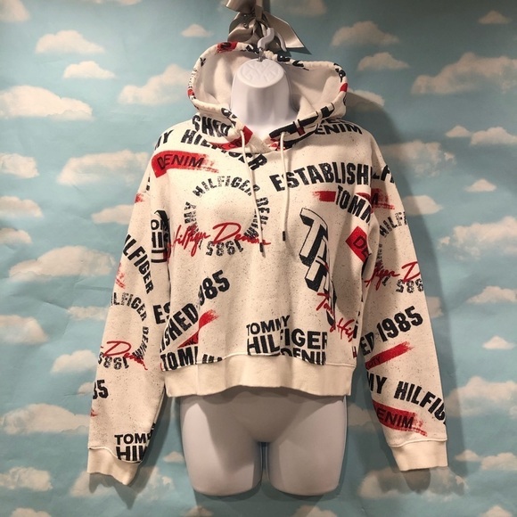 Tommy Hilfiger Denim White Hooded Sweatshirt with Gray Splatter Paint. - Picture 1 of 6